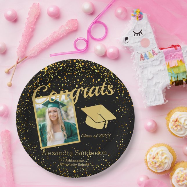 Black and Gold Graduation Senior Photo class 20xx, Paper Plate (Party)