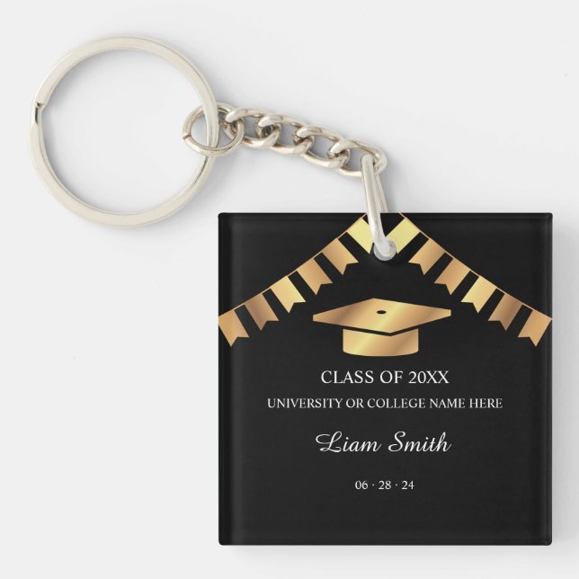 Black and Gold Graduation Souvenir Key Ring (Front)