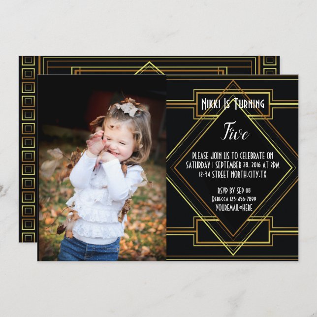 black and gold great gatsby photo Birthday party Invitation (Front/Back)