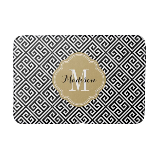 Black and Gold Greek Key Monogram Bath Mat (Front)