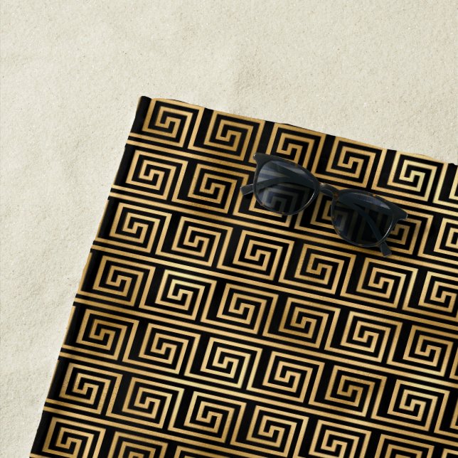 Black and Gold Greek Key Pattern  Beach Towel (In Situ)