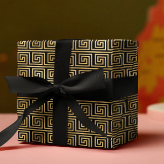 Black and Gold Greek Key Pattern Wrapping Paper