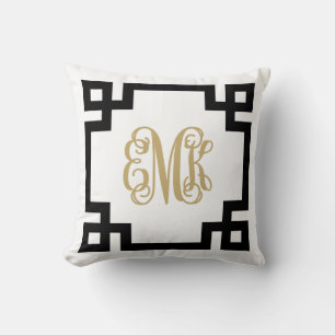 Black and Gold Greek Key Script Monogram Cushion