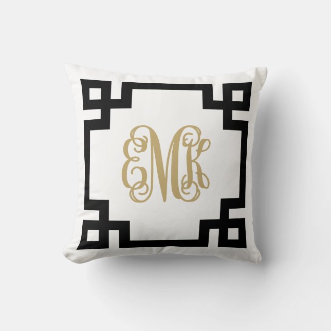 Black and Gold Greek Key Script Monogram Cushion (Front)