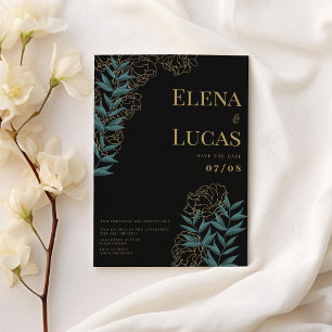 Black and gold green peonies leaf floral wedding  invitation