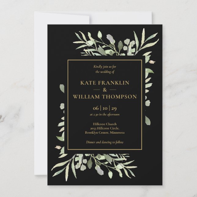 Black And Gold Greenery All In One QR Code Wedding Invitation (Front)