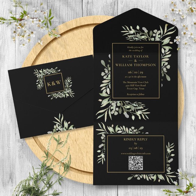 Black And Gold Greenery Floral QR Code Wedding All In One Invitation (Black And Gold Greenery Floral QR Code Wedding All In One Invitation)