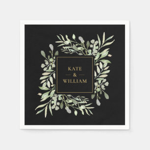 Black And Gold Greenery Foliage Wedding Napkin