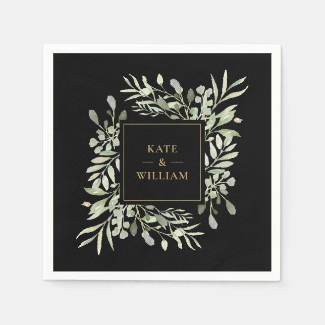 Black And Gold Greenery Foliage Wedding Napkin (Front)