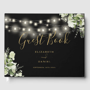 Black And Gold Greenery String Lights Wedding Guest Book