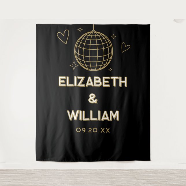 Black And Gold Groovy Disco Wedding Photo Backdrop Tapestry (Front)