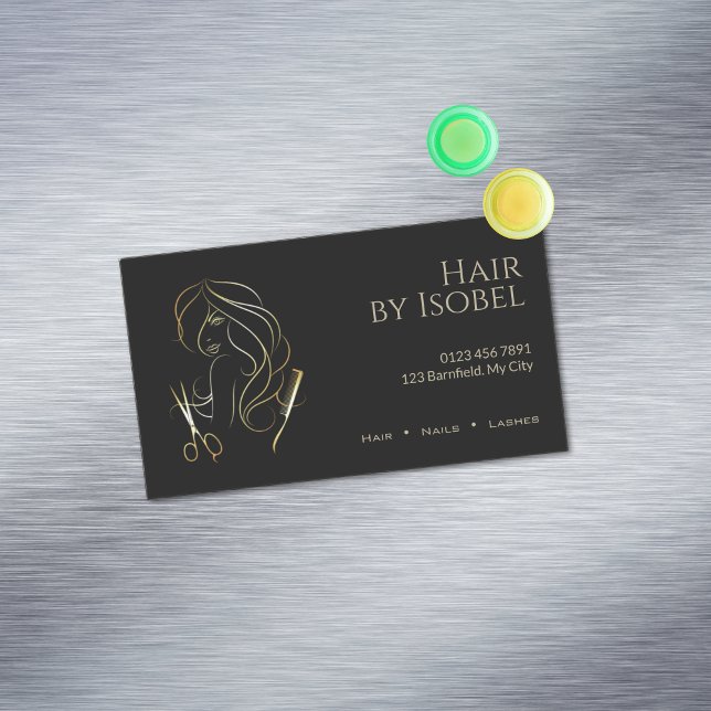 Black and Gold Hair Stylist Magnetic Business Card (Creator Uploaded)