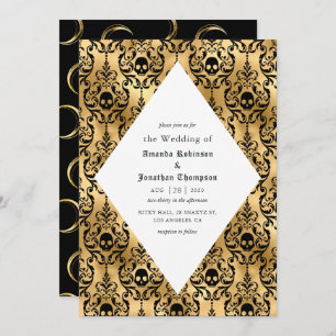 Black and Gold Halloween Damask Gothic Wedding Invitation