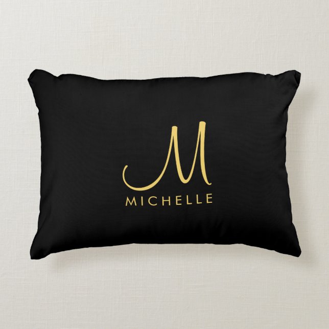 Black And Gold Handwritten Monogram Name Template Decorative Cushion (Front)