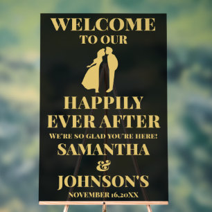 Black and Gold Happily Ever After Wedding Welcome Acrylic Sign