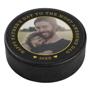 Black And Gold Happy Father's Day Photo Hockey Puck