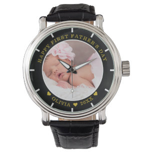 Black And Gold Happy First Fathers Day Baby Photo Watch
