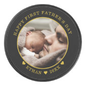 Black And Gold Happy First Father's Day Photo Hockey Puck (Front)