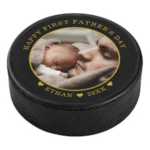 Black And Gold Happy First Father's Day Photo Hockey Puck