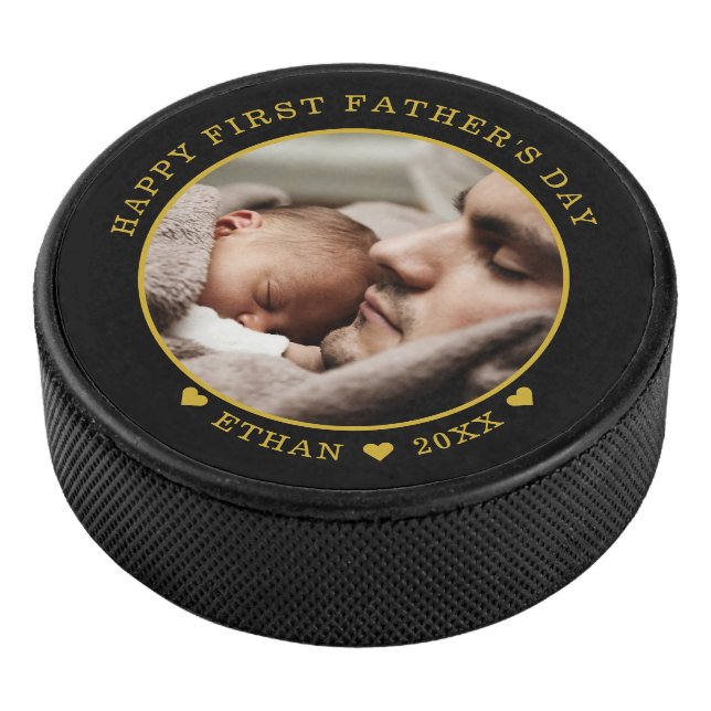 Black And Gold Happy First Father's Day Photo Hockey Puck (3/4)