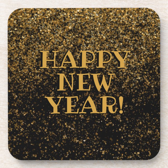 Black and Gold Happy New Year Gold Confetti Coaster (Front)