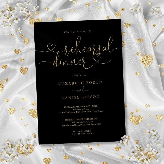 Black And Gold Heart Script Rehearsal Dinner Invitation (Black And Gold Heart Script Rehearsal Dinner Invitation)