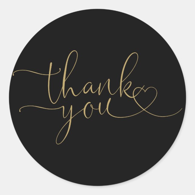 Black And Gold Heart Script Thank You Classic Round Sticker (Front)