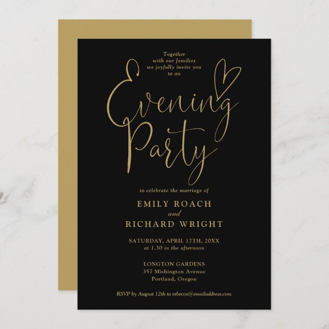 Black And Gold Heart Script Wedding Evening Party Invitation (Front/Back)