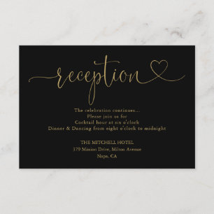 Black And Gold Heart Script Wedding Reception Enclosure Card