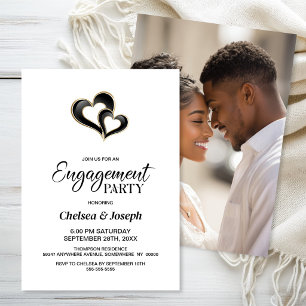 Black and Gold Hearts Engagement Party Invitation