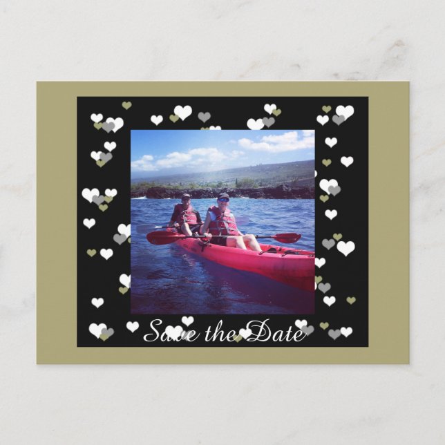 Black and Gold Hearts Save the Date Announcement Postcard (Front)