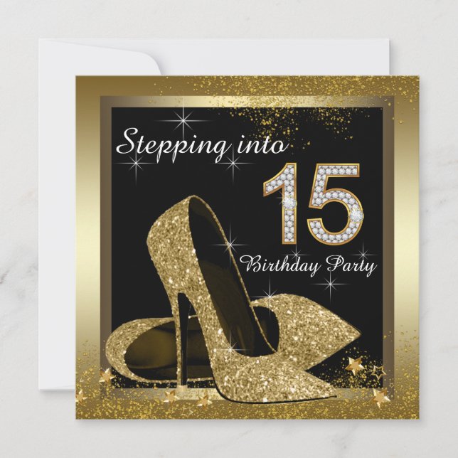 Black and Gold High Heel Shoe Quinceañera Invitation (Front)