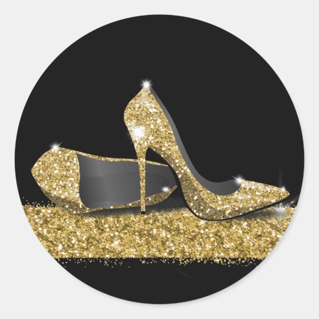 Black and Gold High Heel Shoes Party Classic Round Sticker (Front)