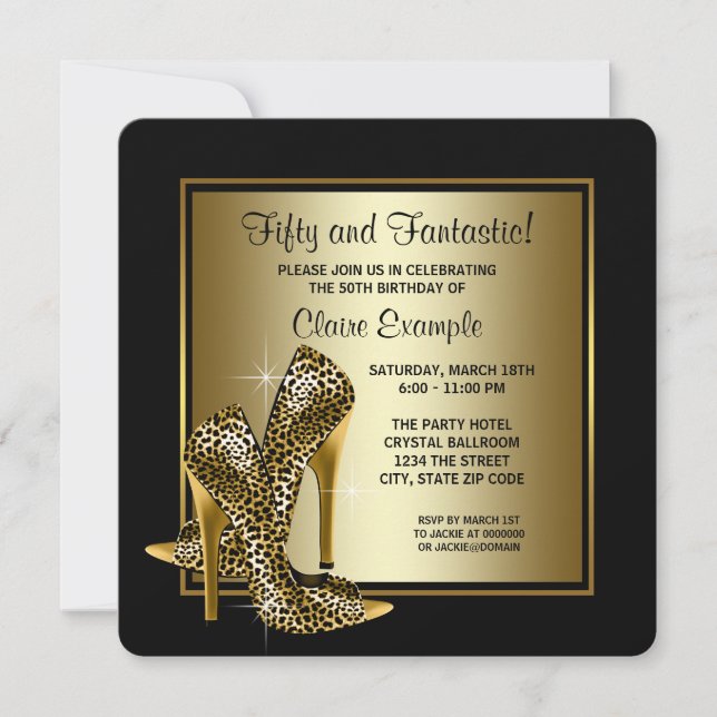 Black and Gold High Heels Womans Birthday Party Invitation (Front)