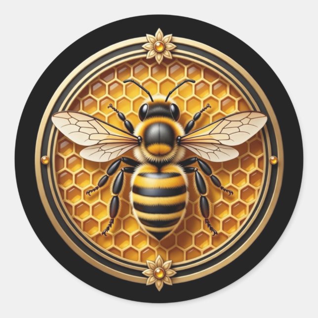 Black and Gold Honey Bee Classic Round Sticker (Front)