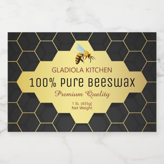 Black and Gold Honeycomb Beeswax and Honey Food Label (Single Label)