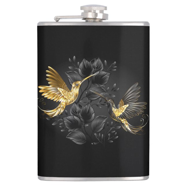 Black and Gold Hummingbird Hip Flask (Front)
