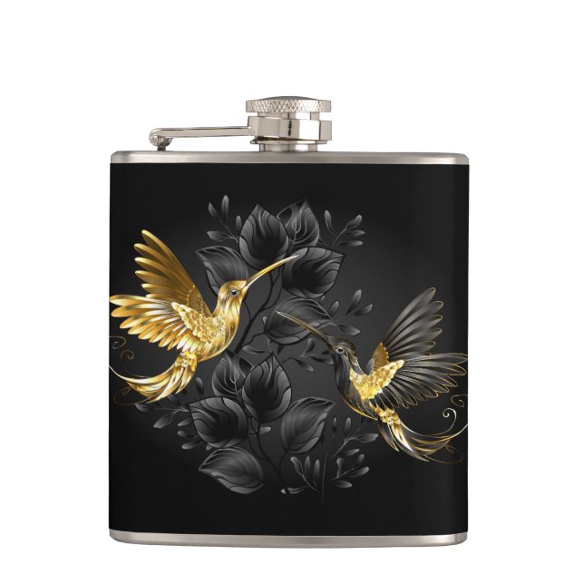 Black and Gold Hummingbird Hip Flask (Front)