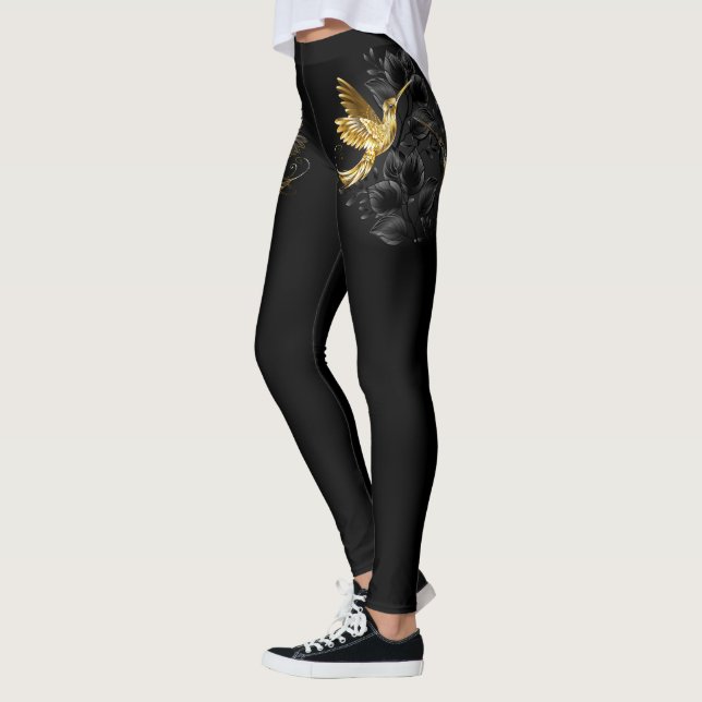 Black and Gold Hummingbird Leggings (Left)