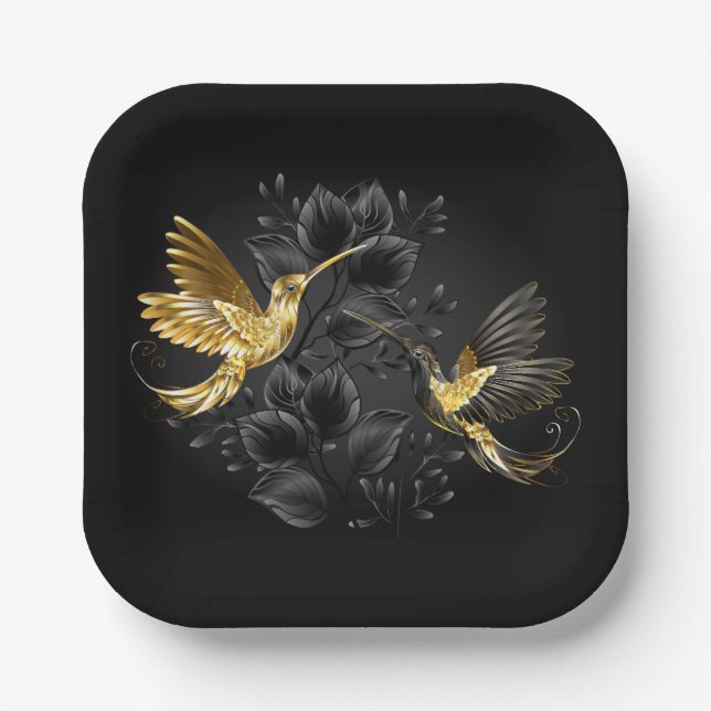 Black and Gold Hummingbird Paper Plate (Front)