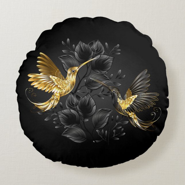 Black and Gold Hummingbird Round Cushion (Front)