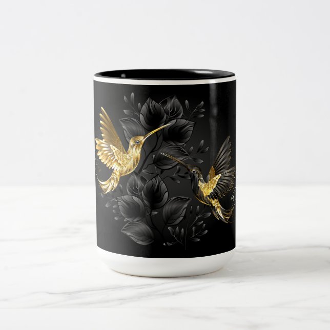 Black and Gold Hummingbird Two-Tone Coffee Mug (Center)