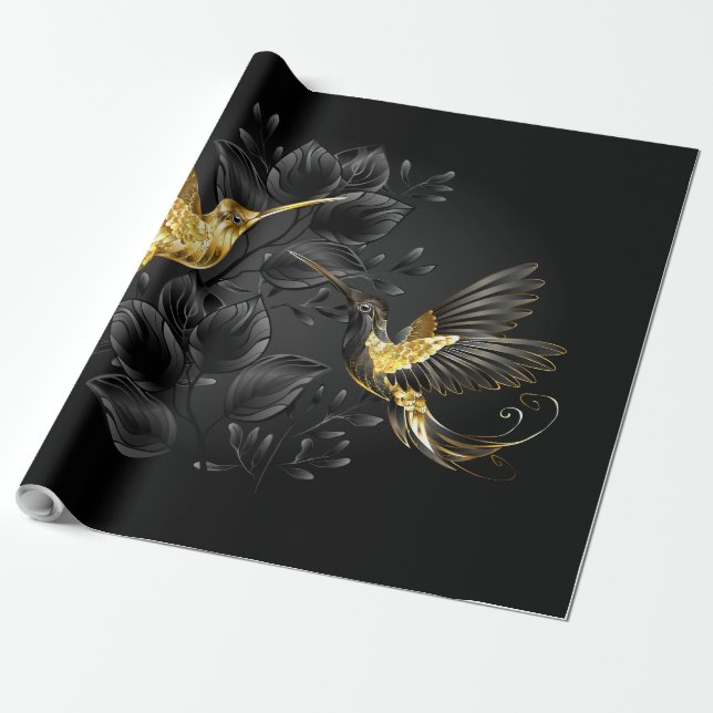 Black and Gold Hummingbird Wrapping Paper (Unrolled)