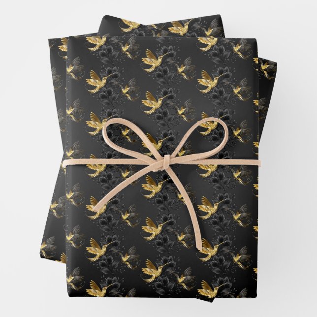 Black and Gold Hummingbird Wrapping Paper Sheet (In situ)