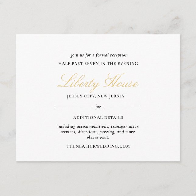 Black and Gold Lace Elegant Script Reception Enclosure Card (Front)