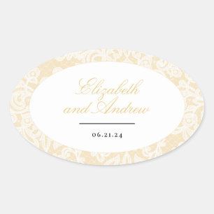 Black and Gold Lace Elegant Script Wedding Oval Sticker