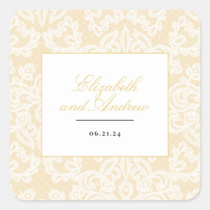 Black and Gold Lace Elegant Script Wedding Square Sticker