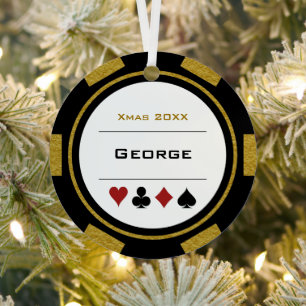 Black And Gold Las Vegas Poker Chip Christmas Metal Tree Decoration