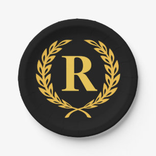 Black and Gold Laurel Wreath Monogram Paper Plate