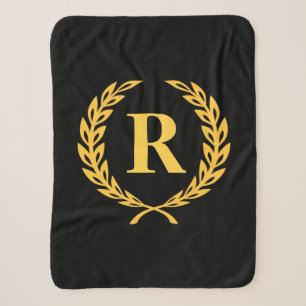 Black and Gold Laurel Wreath Monogram Sherpa Blanket